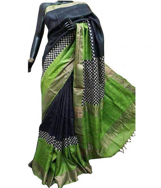 Black &amp; Green Check Bishnupuri Silk Saree